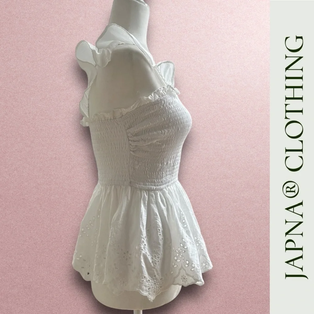 NWOT Japna White Eyelet Smocked Ruffle Strap Top, Size S, MSRP $35 - Picture 2 of 5